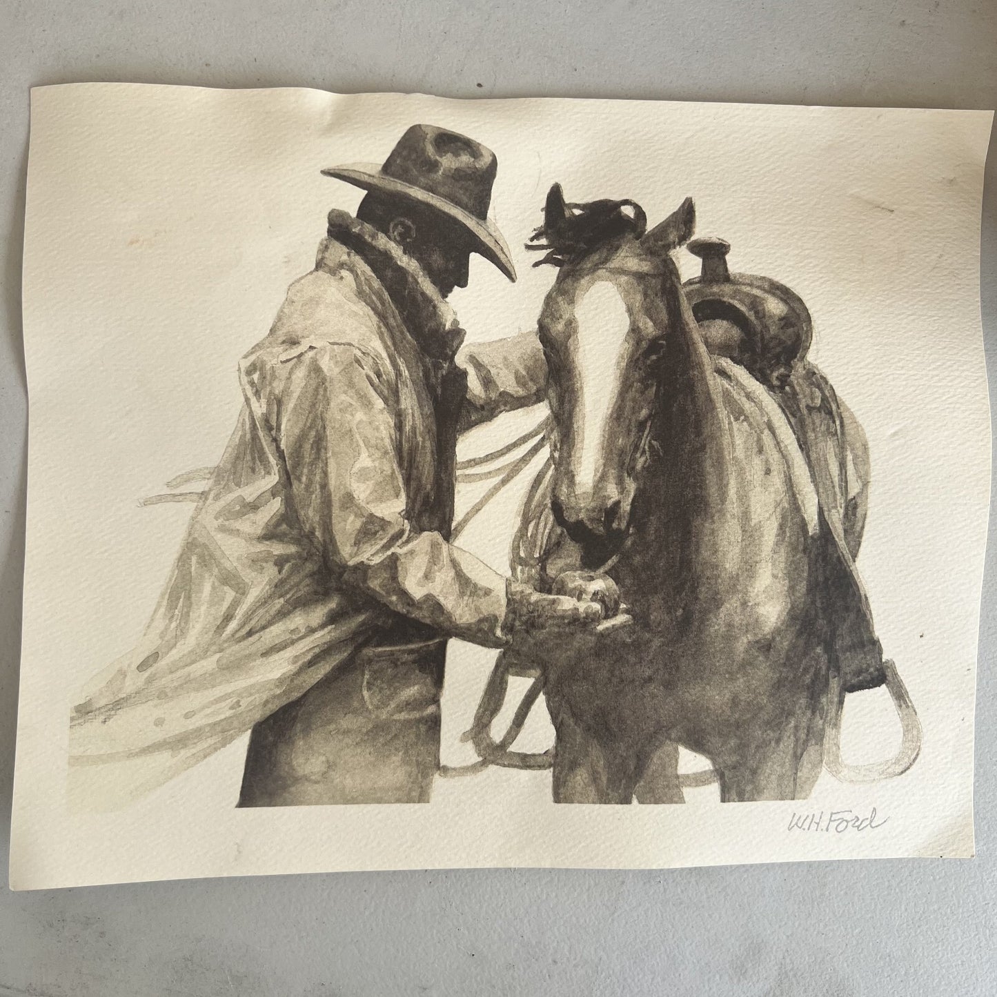 "Partners" Marlboro Man Cowboy & Horse Print Signed by W.H. Ford Poor cond